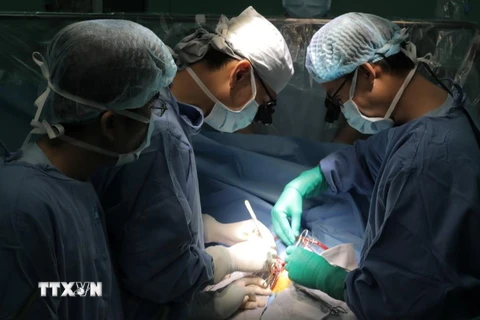 Các bác sỹ Bệnh viện Y dược Thành phố Hồ Chí Minh phẫu thuật lấy khối u tim hiếm gặp cho bệnh nhi 4 tháng tuổi. (Ảnh: TTXVN)
