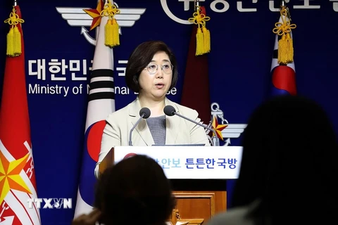 Người phát ngôn Bộ Quốc phòng Hàn Quốc Choi Hyun-soo phát biểu tại cuộc họp báo ở Seoul ngày 25/7/2019. (Ảnh: AFP/TTXVN)