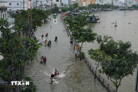 Nước ngập sâu trên đường Trần Xuân Soạn, quận 7, gây khó khăn trong việc đi lại và sinh hoạt của người dân. (Ảnh: Trần Xuân Tình/TTXVN)