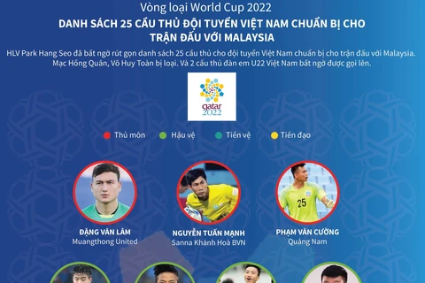 Danh sách 25 cầu thủ Việt Nam chuẩn bị cho trận đấu với Malaysia.