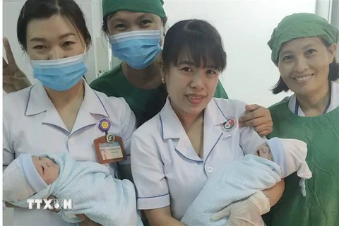 Hai bé sinh đôi ra đời khỏe mạnh và đang được tiếp tục theo dõi, điều trị tại bệnh viện. (Ảnh: Lê Xuân/TTXVN)