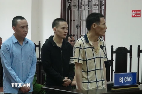 Ba bị cáo Trịnh Đình Hà, Sùng A Phà và Vàng A Váu tại phiên tòa. (Ảnh: Vũ Hà/TTXVN)