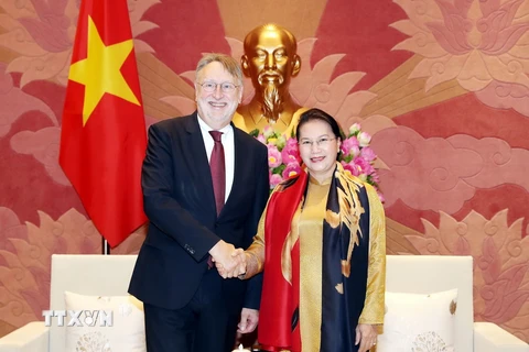 Chủ tịch Quốc hội Nguyễn Thị Kim Ngân tiếp đoàn Ủy ban Thương mại Quốc tế của EP do ông Bernd Lange, Chủ tịch Ủy ban làm trưởng đoàn đang thăm và làm việc tại Việt Nam. (Ảnh: Trọng Đức/TTXVN)