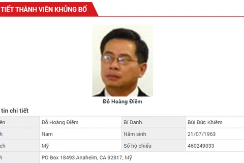 Thông tin về đối tượng Đỗ Hoàng Điềm - chủ tịch tổ chức khủng bố 'Việt Tân' trên Cổng thông tin điện tử Bộ Công an.