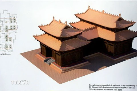 Bản vẽ phục dựng giả định kiến trúc cung điện trong hành cung Lỗ Giang thời trần dựa trên bằng chứng khảo cổ học được trưng bày tại hội thảo. (Ảnh: Thế Duyệt/TTXVN)