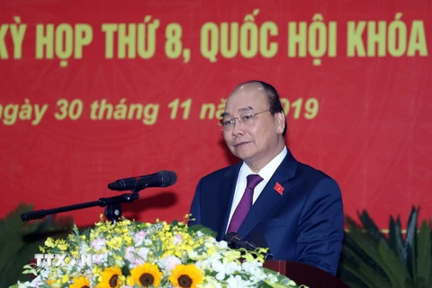Thủ tướng Nguyễn Xuân Phúc phát biểu tại buổi tiếp xúc. (Ảnh: Thống Nhất/TTXVN)
