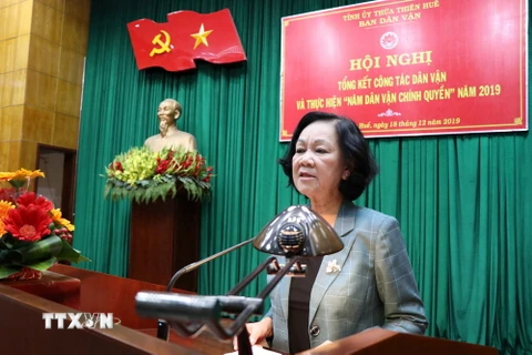 Trưởng Ban Dân vận Trung ương Trương Thị Mai phát biểu chỉ đạo tại Hội nghị. (Ảnh: Đỗ Văn Trưởng/TTXVN)