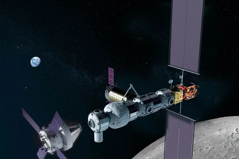 Tàu vũ trụ Orion của NASA (trái) tiếp cận trạm Lunar Gateway. (Nguồn: NASA)