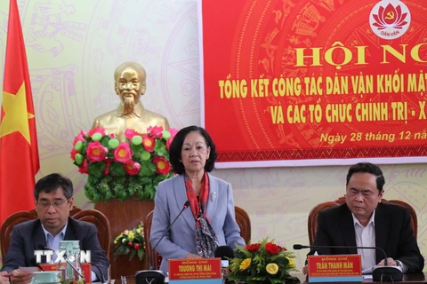 Bà Trương Thị Mai, Ủy viên Bộ Chính trị, Bí thư Trung ương Đảng, Trưởng Ban Dân vận Trung ương phát biểu tại Hội nghị. (Ảnh: Tuấn Anh/TTXVN)