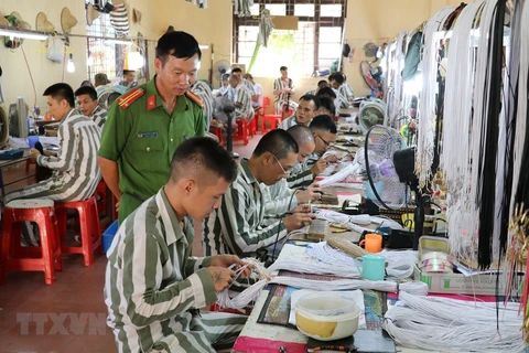 Phạm nhân phân trại số 1, Trại giam Ninh Khánh (Ninh Bình) trong giờ lao động. (Ảnh: Ninh Đức Phương/TTXVN)