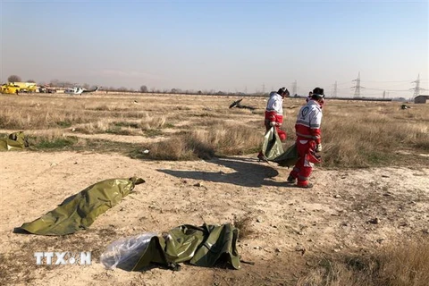 Nhân viên cứu hộ khắc phục hậu quả tại hiện trường vụ rơi máy bay Boeing 737 của Hãng hàng không quốc tế Ukraine ở Tehran, Iran ngày 8/1/2020. (Ảnh: THX/TTXVN)