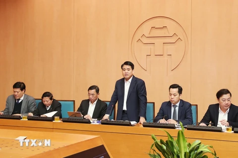 Chủ tịch Ủy ban Nhân dân thành phố Hà Nội Nguyễn Đức Chung phát biểu chỉ đạo. (Ảnh: Lâm Khánh/TTXVN)