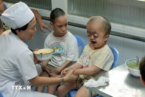 Nữ nhân viên Làng Hòa Bình-Từ Dũ, Thành phố Hồ Chí Minh tận tình chăm sóc trẻ bị di chứng chất độc da cam/dioxin. (Ảnh: Dương Ngọc/TTXVN)