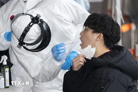 Nhân viên y tế lẫy mẫu bệnh phẩm của bệnh nhân nghi ngờ nhiễm SARS-CoV-2 tại Seoul, Hàn Quốc ngày 10/3/2020. (Ảnh: THX/TTXVN)