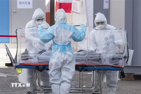 Nhân viên y tế chuyển bệnh nhân nhiễm COVID-19 tới bệnh viện ở Seoul, Hàn Quốc, ngày 11/3/2020. (Ảnh: THX/TTXVN)