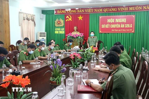 Công an Bình Thuận thông tin về vụ án xảy ra tại chùa Quảng Ân. (Ảnh: Nguyễn Thanh/TTXVN)