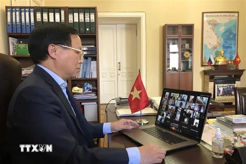 Đại sứ Việt Nam tại Nga Ngô Đức Mạnh tham gia tọa đàm trực tuyến. (Ảnh: TTXVN)