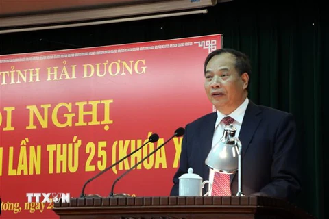 Bí thư Tỉnh ủy Hải Dương Nguyễn Mạnh Hiển phát biểu tại Hội nghị. (Ảnh: Mạnh Tú/TTXVN)