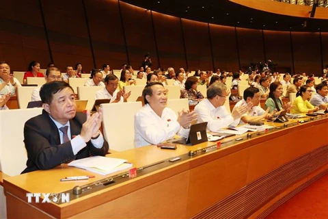 Các đại biểu Quốc hội vỗ tay sau khi thông qua Nghị quyết phê chuẩn EVFTA. (Ảnh: Trọng Đức/TTXVN)