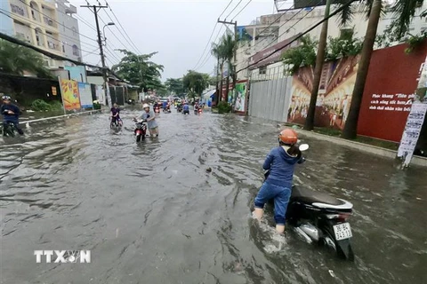 Người dân di chuyển khó khăn vì nước ngập. (Ảnh: Hồng Giang/TTXVN)