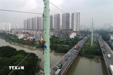 Công nhân Tổng Công ty Điện lực Thành phố Hồ Chí Minh thi công trồng trụ điện trên đường Đồng Văn Cống. (Ảnh: TTXVN)