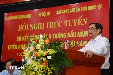 Ông Phạm Minh Chính, Uỷ viên Bộ Chính trị, Bí thư Trung ương Đảng, Trưởng Ban Tổ chức Trung ương phát biểu chỉ đạo Hội nghị. (Ảnh: Diễm Quỳnh/TTXVN)