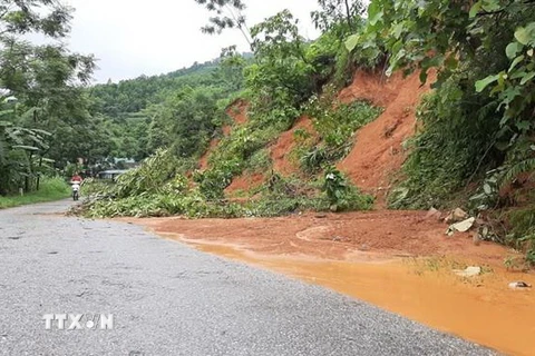Sạt lở đất trên Tỉnh lộ 156B, đoạn qua xã Cốc Mỳ và Mường Vi (huyện Bát Xát). (Ảnh: Hồng Ninh/TTXVN)