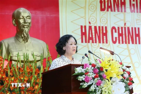 Bà Trương Thị Mai, Ủy viên Bộ Chính trị, Bí thư Trung ương Đảng, Trưởng Ban Dân vận Trung ương phát biểu kết luận hội nghị. (Ảnh: Phương Hoa/TTXVN)