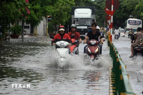 Mưa lớn gây ngập tại một tuyến đường ở thành phố Thái Bình. (Ảnh: Thế Duyệt/TTXVN)