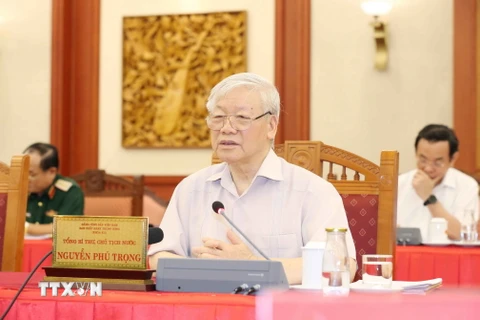 Tổng Bí thư, Chủ tịch nước Nguyễn Phú Trọng phát biểu kết luận buổi làm việc. (Ảnh: Phương Hoa/TTXVN)