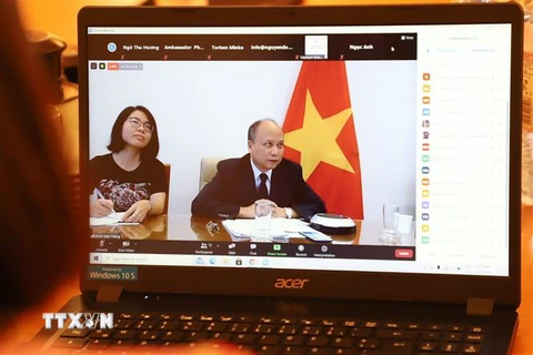 Ông Đinh Toàn Thắng, Vụ trưởng Vụ Châu Âu, Bộ Ngoại giao Việt Nam phát biểu tại Tọa đàm trực tuyến kỷ niệm 45 năm quan hệ Việt-Đức. (Ảnh: Mạnh Hùng/TTXVN)