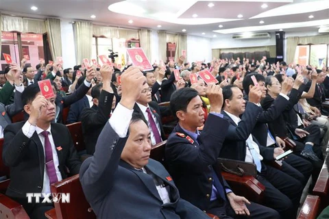 Đại biểu biểu quyết thông qua Nghị quyết Đại hội. (Ảnh: Huỳnh Phúc Hậu/TTXVN)