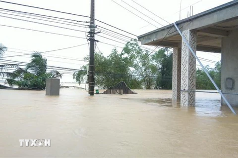Nước lũ lên nhanh, nhà dân tại xã Hàm Ninh, huyện Quảng Ninh, tỉnh Quảng Bình bị ngập sâu. (Ảnh: Văn Tý/TTXVN)