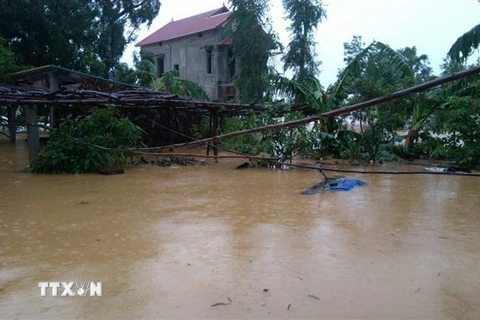 Nhiều nhà dân tại xã Hàm Ninh, huyện Quảng Ninh, tỉnh Quảng Bình vẫn còn ngập sâu trong nước lũ. (Ảnh: Văn Tý/TTXVN)
