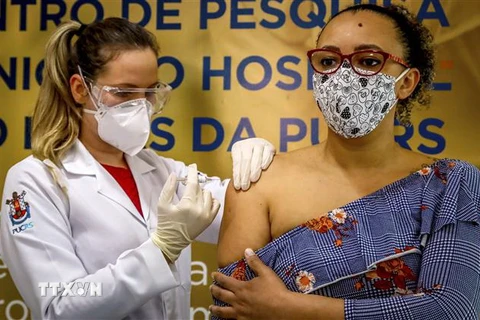 Nhân viên y tế tiêm vắcxin ngừa COVID-19 do phòng thí nghiệm Sinovac của Trung Quốc phát triển cho tình nguyện viên tại Porto Alegre, Brazil ngày 8/8/2020. (Ảnh: AFP/TTXVN)