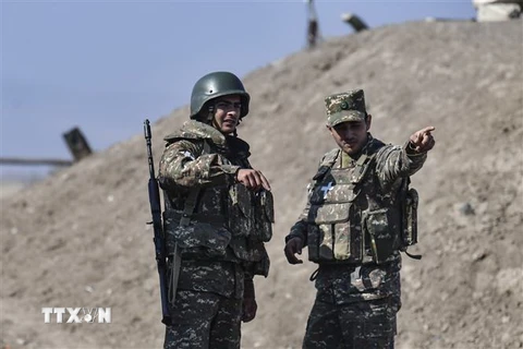 Binh sỹ Armenia được triển khai trong cuộc xung đột với lực lượng Azerbaijan tại khu vực tranh chấp Nagorny-Karabakh ngày 18/10/2020. (Ảnh: AFP/TTXVN)