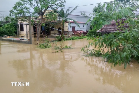 Nước vẫn ngập sâu tại khu vực xã Hàm Ninh, huyện Quảng Ninh, tỉnh Quảng Bình. (Ảnh: Văn Tý/TTXVN)