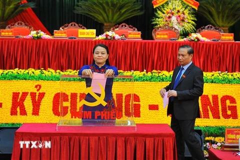 Đoàn Chủ tịch bỏ phiếu bầu Ban Chấp hành Đảng bộ tỉnh Ninh Bình khóa XXII, nhiệm kỳ 2020-2025. (Ảnh: Minh Đức/TTXVN)