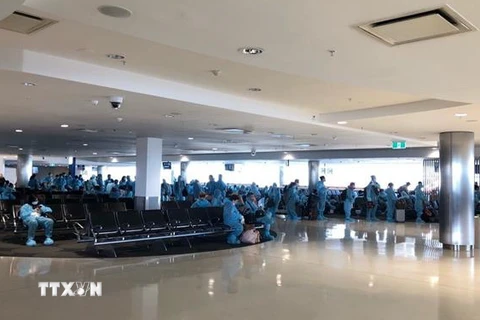 Các công dân Việt Nam làm thủ tục tại sân bay. (Ảnh: TTXVN phát)