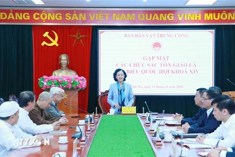 Trưởng Ban Dân vận Trung ương Trương Thị Mai phát biểu tại buổi gặp mặt. (Ảnh: Phương Hoa/TTXVN)