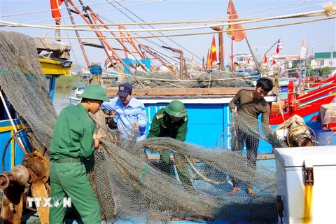 Bộ đội Biên phòng giúp ngư dân thu dọn ngư lưới cụ đảm bảo an toàn tài sản. (Ảnh: TTXVN phát)