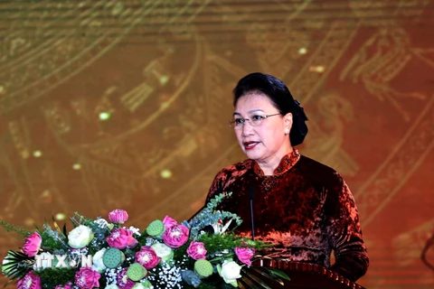 Chủ tịch Quốc hội Nguyễn Thị Kim Ngân phát biểu tại Lễ kỷ niệm. (Ảnh: Trọng Đức/TTXVN)