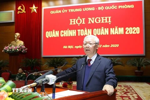 Tổng Bí thư, Chủ tịch nước Nguyễn Phú Trọng, Bí thư Quân ủy Trung ương phát biểu chỉ đạo Hội nghị. (Ảnh: Trí Dũng/TTXVN)