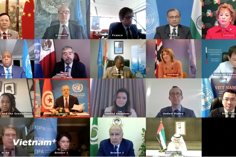 Đại diện các nước thành viên Hội đồng Bảo an Liên hợp quốc họp trực tuyến về sự hợp tác giữa Liên hợp quốc và Liên đoàn Arab. (Ảnh: Hải Vân/Vietnam+)