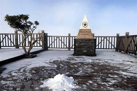 Băng tuyết rơi trên đỉnh Fansipan. (Ảnh: Quốc Khánh/TTXVN)