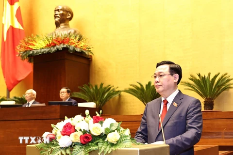Chủ tịch Quốc hội Vương Đình Huệ phát biểu sau lễ tuyên thệ nhậm chức. (Ảnh: Trọng Đức/TTXVN)