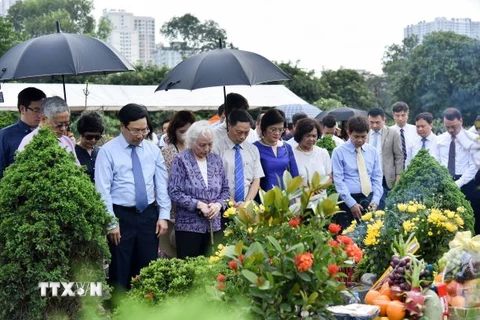Bộ Ngoại giao tổ chức Lễ dâng hương tưởng niệm đồng chí Nguyễn Cơ Thạch tại Nghĩa trang Mai Dịch, Cầu Giấy, Hà Nội. (Ảnh: TTXVN phát)