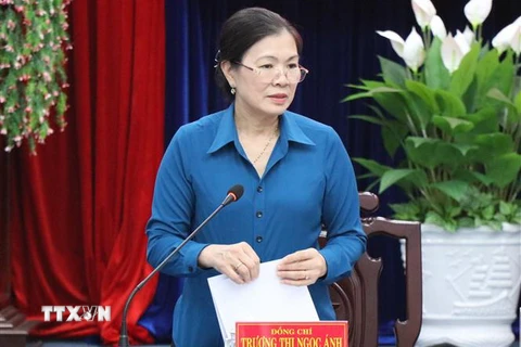 Phó Chủ tịch Ủy ban Trung ương Mặt trận Tổ quốc Việt Nam Trương Thị Ngọc Ánh phát biểu tại buổi làm việc. (Ảnh: Nhật Bình/TTXVN)