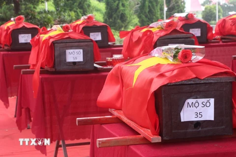 Lễ đón nhận và an táng 95 hài cốt liệt sỹ quân tình nguyện và chuyên gia Việt Nam hy sinh trên đất nước Lào. (Ảnh: Bích Huệ/TTXVN)