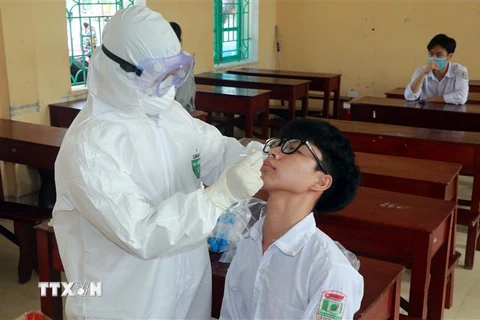 Lấy mẫu xét nghiệm COVID-19 cho học sinh ở Nam Định. (Nguồn: TTXVN)